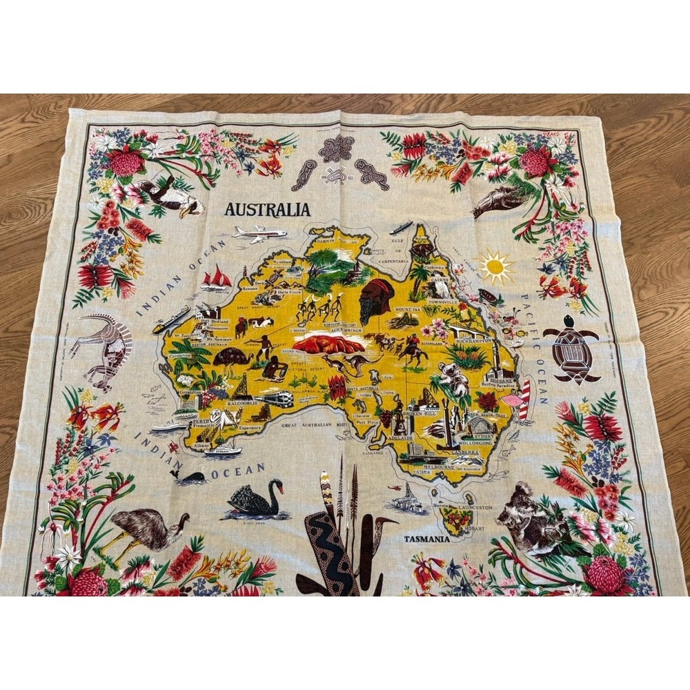 Vintage Tablecloth Linen Blend 48 x 51  Australian Map Souvenir Textile